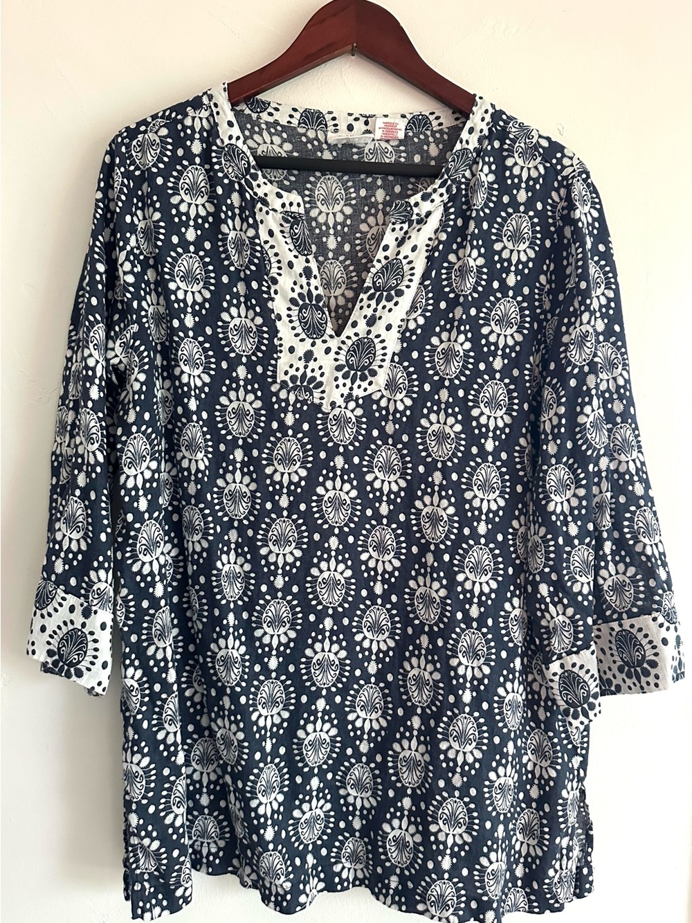 Sigrid Olsen 100% Linen Navy and White Printed Split-Neck Tunic, Women’s Large